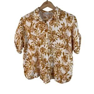 Garnet Hill Women's S Carmel Brown Pink Floral Organic Cotton Button Up Shirt
